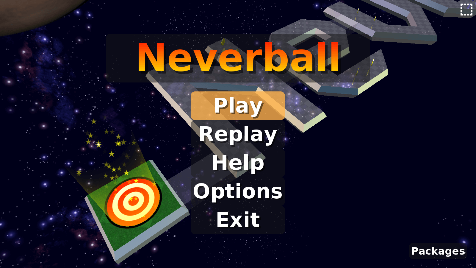 Screenshot of the Neverball title screen.